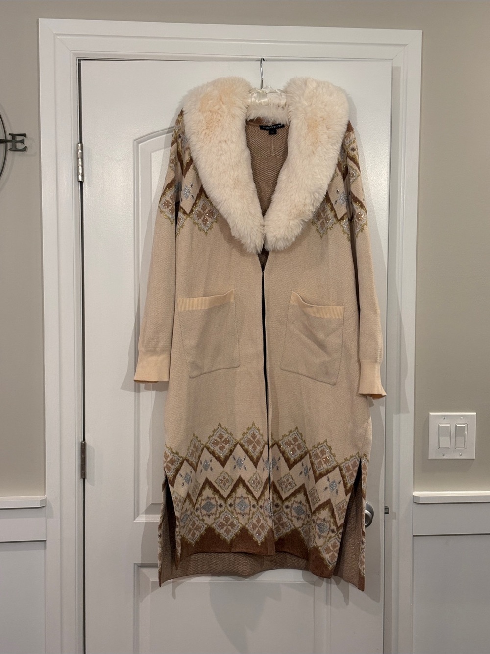 Boston Proper Cream Knit Trench Coat with Faux-Fur Shawl Collar